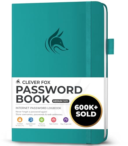 Clever Fox Password Book with alphabetical tabs. Internet Address Organizer Logbook. Medium Password Keeper for Website Logins (Aquamarine)