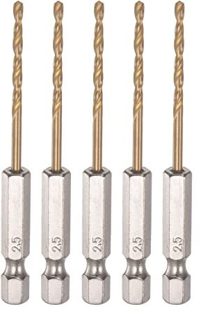 sourcing map 5pcs 1/4 Hex Shank Drill Bits 2.5mm Titanium Drill Bits Set M35 High Speed Steel Twist Drill Bit 76mm Long Fully Ground for Wood, Stainless Steel, Metal, Plastic Plastic