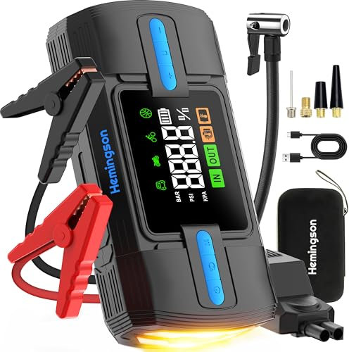 Starthilfe Powerbank mit 160PSI Kompressor 3000A Spitzenstrom Starter Powerbank für 12V Jump Starter Starthilfe mit Digitale Anzeige und LED Taschenlampe