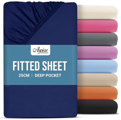 Aspire Homeware Super King Fitted Sheet - 25 cm Deep Hotel Quality (Navy) Bed Sheets - Soft & Breathable Superking Fitted Sheet - Anti-Wrinkle Easy Care Fitted Sheets