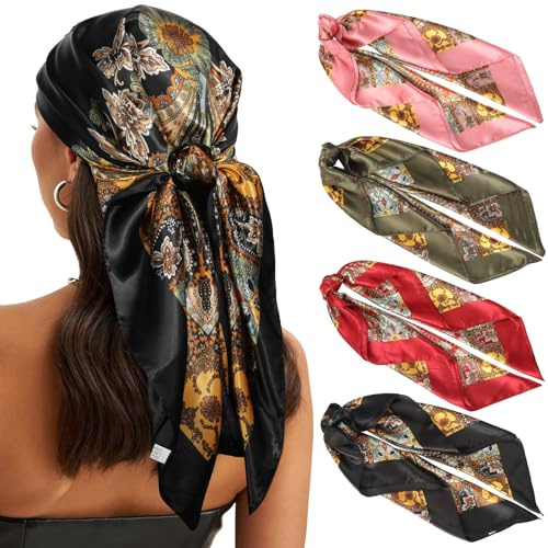 WELROG 4 Pcs Square Headscarf - 90x90cm Large Bandana for Women - Silk Scarf, Hair Towel, Tie Scarf