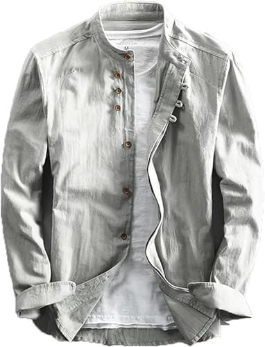 Soulona - Camicia Katana Japan Style da uomo, colore bianco, XL, a maniche lunghe, colletto rialzato, vestibilità aderente, taglia unica, primavera e autunno, Grigio chiaro, XL
