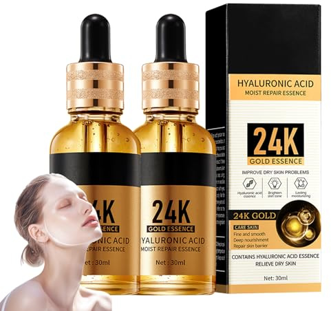 24k guld hyaluronsyraserum, 2 stycken, anti-aging ansiktsserum med guld och hyaluronsyra för maximal fukt, minskar rynkor och rynkor, uppstramande vård för en ungdomlig hy