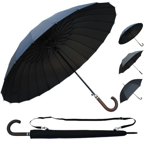 PERFORMANCE UMBRELLAS - 60MPH StormDefender Max 24 - Windproof Large Automatic Strong Umbrella - Reinforced 24 Rib Frame - Solid Wood Hook Handle - Teflon Coated - Rainproof Fiberglass Big Golf Black