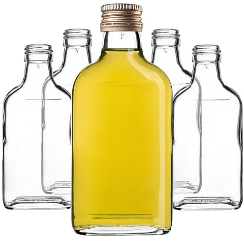KADAX Lot de 5 gourdes Plates en Verre 200ml – Petites fioles à Bouchon vissant pour liqueurs, alcools & décorations