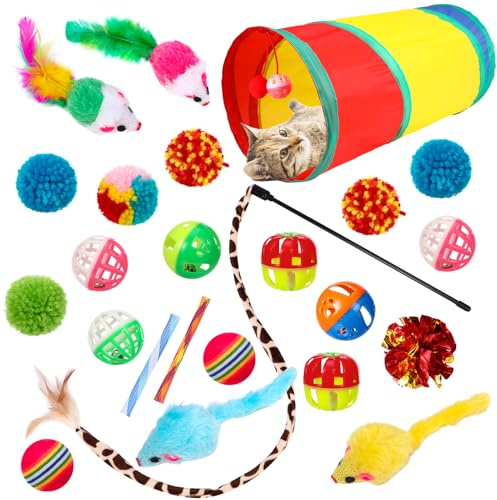 GSrenyu 24Pcs Cat Tunnel Toys Indoor, Collapsible Cat Tunnel,Mice,Cats Teaser Wand,Springs Toy,Crinkle Balls,and Bells Balls Interactive Toy for Indoor Cats Kitten- Multicolor