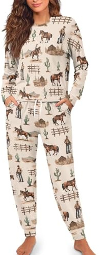 Pigiama da donna in stile rustico western – Set pigiama in due pezzi con stampa a cavallo e cowboy allover | Accogliente tuta lounge per gli appassionati di equitazione e western