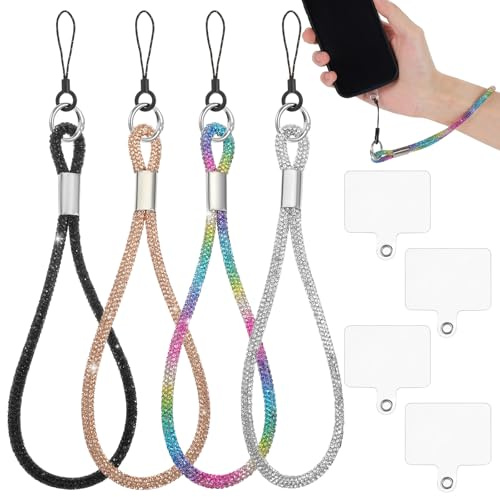 4 set di lussuosi cinturini da polso per telefono con diamanti glitterati, cinturino da polso universale regolabile per 17 e 16 e la maggior parte degli smartphone, cinturino corto anti-goccia per