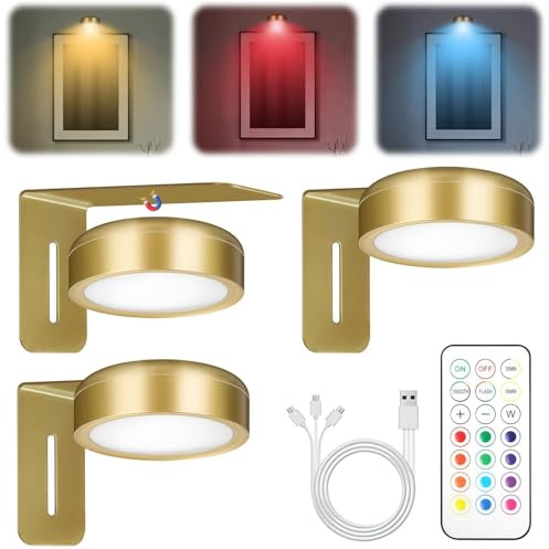 Adiwo Luce per Quadri Senza Fili con Telecomando, 3PCS Luce per Quadro Senza Fili, 13 RGB Luci LED Magnetiche Wireless Ricaricabili, Timer Dimmerabile per Esposizione Pittura Vetrina, Oro