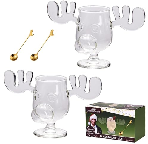 Orgonite Griswold Elchgläser, Griswold Moose Mug Elchglas mit Löffel, 240ml Weihnachtsgläser Elch Gläser, Kreatives Weihnachtsgeschenke für Familie und Freunde