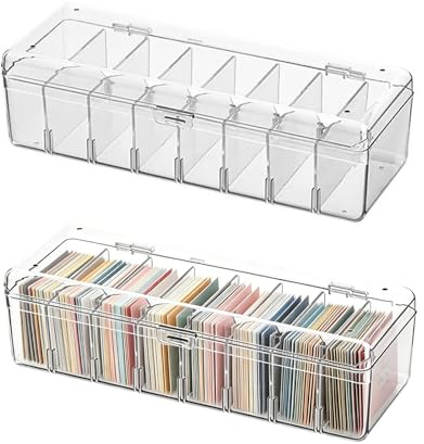 Rainway Scatola per schede, 2 pezzi, 24,8 x 10 x 7,5 cm, trasparente con divisori rimovibili, scatola per schede con coperchio, 8 scomparti per carte di apprendimento e biglietti da visita