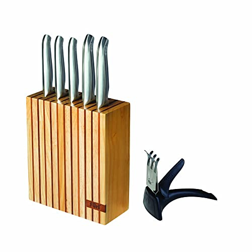 Furi Pro Wooden Knife Block Set 7 pc, Knife Block with Five Premium Knives and Knife Sharpener for a Superior Cutting Performance, Stainless Steel Blades, Ergonomic Reverse-Wedge, Anti-Fatigue Handle