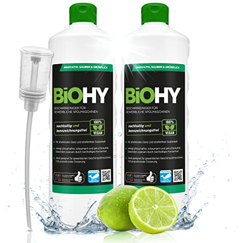 BiOHY Geschirrreiniger für gewerbliche Spülmaschinen (2 x 1 liter) + Dosierer | Maschinenspülmittel für Geschirr | ergiebig, flüssig & phosphatfrei | für Gastro & Gewerbe | Spülmaschinenreiniger