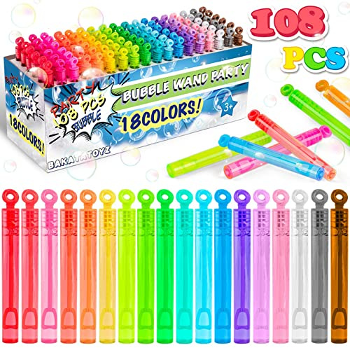 Bakatatoyz 108 Pack 18 Colors Mini Bubble Wand Bulk Assortment, Kid Party Favors Toy for Carnival Prizes, Goody Bag Stuffers, Themed Birthday, Halloween Treat or Trick Gift for Boys Girls Child