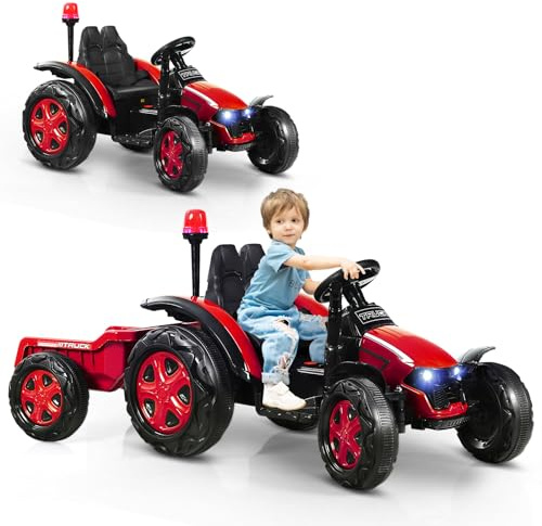 COSTWAY 12V Tracteur Électrique Enfant avec Remorque Amovible & Télécommande 2,4G, Voiture Électrique avec Lumière & Musique, Cheminée & Feu, 3-8 km/h, Charge 30kg pour Enfants de 3-8 Ans