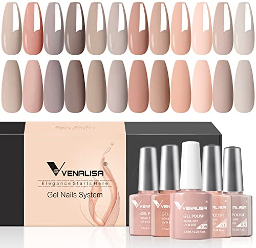VENALISA - Set di smalti in gel per unghie, 12 colori, rosa, grigio, beige, rosa, tonalità naturale, soak off, UV, per manicure principianti a casa