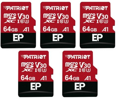 Patriot Memory 64GB A1 / V30 scheda di memoria per Telefoni e Tablet Android, Registrazione Video 4K - Pacco da 5
