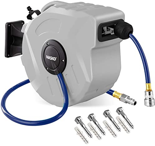 MASKO® Enrollador de manguera de aire comprimido automática, Conexión 1/4, Enrollador de mangueras, Soporte de mangueras montado en la pared, Enrollador de mangueras de aire comprimido, gris, 20m