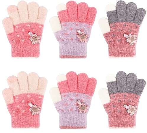 QKURT 3 Paar magische Handschuhe für Kinder, warme Kleinkind-Handschuhe bunte Kristallsand-Handschuhe weiche Thermo-Handschuhe Kinder-Vollfinger-Fäustlinge mit neuartigem Sternmuster für 1–5 Jahre