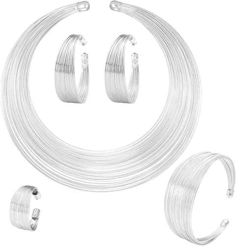 TOEECY 5Pezzi Bib Collana Choker Set per Donna Dichiarazione Nazionale Africana Bracciale Polsini Bavaglino Aperto Orecchini Anelli Oro Argento Gioielli (Argento)