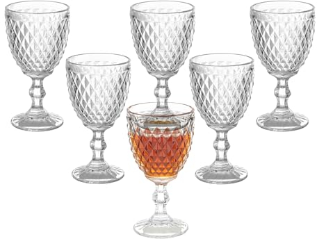 Weingläser im Vintage-Stil, 284 ml, farbiges Glas, Wasserkelche, einzigartiges geprägtes Muster, hochklarer Stiel, Glaswaren, Hochzeit, Party, Bar, Trinkbecher, Diamantklar, 6 Stück
