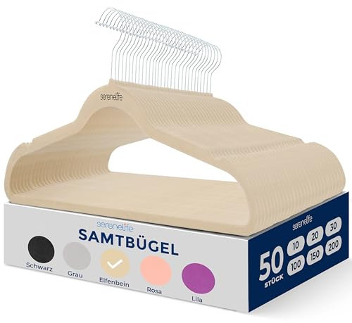 SereneLife Kleiderbügel Platzsparend 50 Stück, Samt Bügel rutschfest mit Einkerbungen im Schulterbereich für Kinder & Erwachsene, Hangers Clothes, Aufhänger für Garderobe, 360° drehbarer Haken, Creme