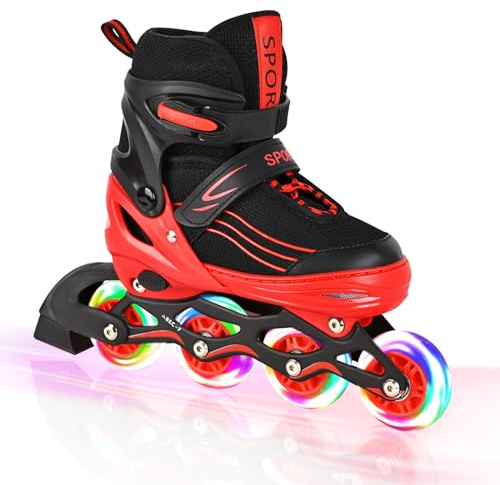 Kids Inline Skates for Girls Boys with All Wheels Illuminating, Adjuatable Mens and Womens Roller Skates Blades for Beginner in Outdoor and Indoor (Black&Red, Large - Teens&Youth)