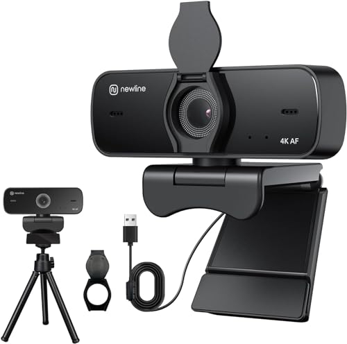 N newline PC Webcam 4k/30fps mit 2 Mikrofonen mit Rauschunterdrückung, Autofokus, Lichtkorrektur, mit Privacy Shutter und Stativ, USB 2.0 UHD Webcam für PC Mac Desktop Skype Streaming
