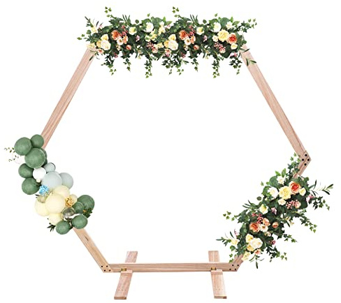 KiwiHood Arco de madera para boda, 2 m, hexagonal, cenador de boda, arco de madera, soporte rústico para jardín, para interior y exterior, boda, ceremonia, fiesta de cumpleaños