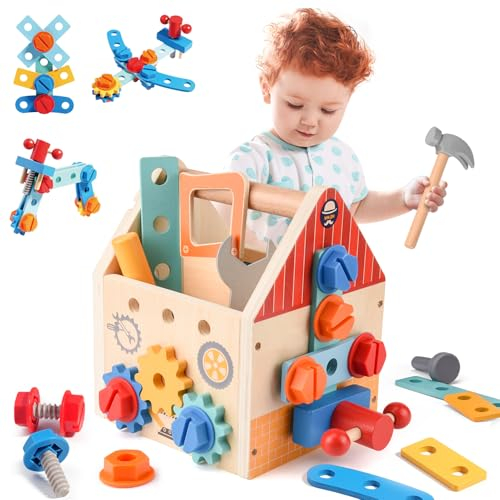 ZOOYAUE Werkzeugkoffer Kinder Spielzeug, Montessori Lernspielzeug, Holz Werkzeugkasten, Geburtstagsgeschenk für Mädchen und Jungen ab 3 Jahren