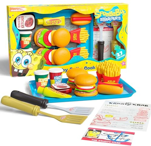 SpongeBob Krusty Krab Interactive Play Kitchen Set - Krabby Patty Playset, Kids Play Food, Burgers, Fries, Drinks & 2 Spatulas - Kitchen Toy for Pretend Cooking & Role Play, Ages 3+ - Spongebob Toys