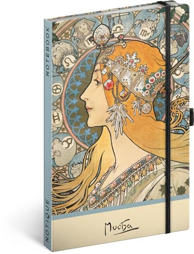 NOTIQUE Notizbuch Gepunktet mit Gummiband 13x21cm ca. A5, Designer Hardcover Notebook Dotted, Notizblock, Notizheft, Journal, Tagebuch für Erwachsene, Damen (Alphonse Mucha Zodiak)