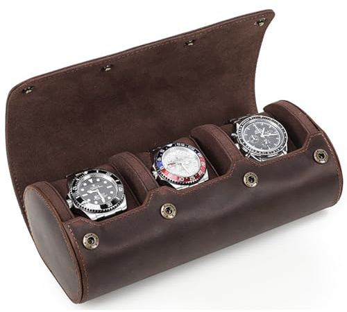 Acidea Genuine Leather Watch Roll Travel Case, Travel Watch Case for Men, Leather 3-Watches Roll Case for Bracelets, Portable Watch Storage Organizer with Removable Pillows