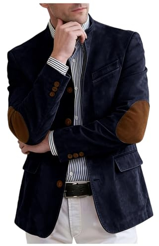 Men's Faux Suede Blazer Jacket with Elbow Path Spring Stand Collar Sport Coat for Weddings Business Casual Wear Navy L