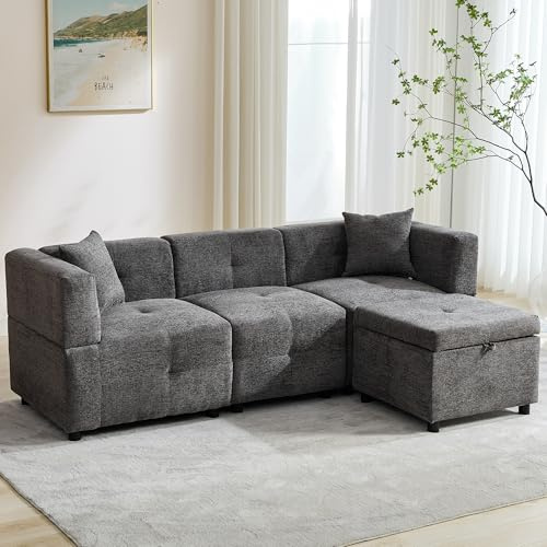 Merax Corner Sofa with Removable Storage Ottoman, 3 Seater Sofas for Living Room, L Shaped Sofa with 2 Pillows, 80 Inch Linen Fabric Modular Sofa Couch for Home Apartment Office, Grey