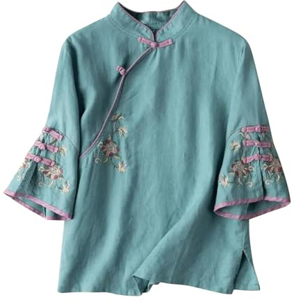 Flodxo Hauts à Manches 3/4 pour Femme UK - Chemisiers en Lin Élégants d'Été - Grande Taille - Blouses Décontractées pour Dames - Broderie Vintage - Tunique Cheongsam Hanfu - Costume Traditionnel