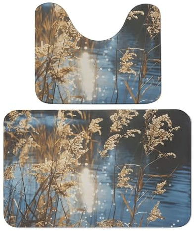 ZLFDSKGY 2 Pack Coral Velvet Luxury Bath Mat Set Non Slip Bathroom Floor Mat Reeds on The Water Absorbent Bathroom Rugs U Shape Contour Rug Shower Floor Mats for Bedroom Kitchen 19.7x31.5