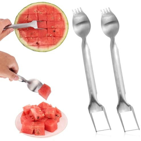 2 Pcs 2-in-1 Watermelon Fork Slicer Cutter, Stainless Steel Fruit Slicer Tool Multifunctional Portable Water Melon Cube Cutter Fruit Fork for Family Gathering Picnic Camping Kitchen Gadgets