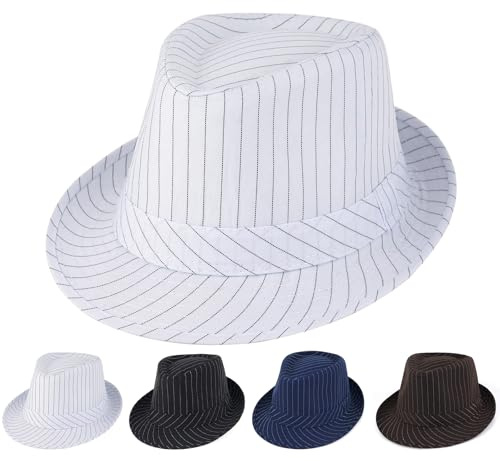 Initlove Mens Fedora Hat Short Brimmed Trilby Hat Stripe White