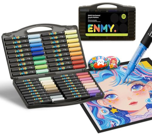 ENMY Set med 36 akrylfärgmarkörer med vattenbaserad acrylpenna, penselformad spets, flytande akrylpennor för trä, sten, duk, glas, tyg