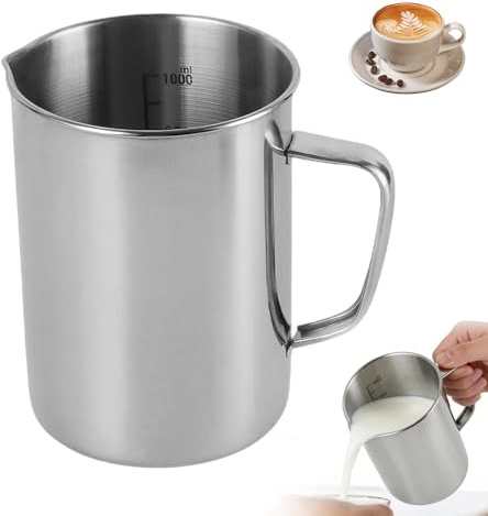 Mätkopp rostfritt stål 1 l, mjölkkanna med handtag, markering, 1 000 ml metall mjölk kanna mätkopp droppskydd robust för kök bar tehandel