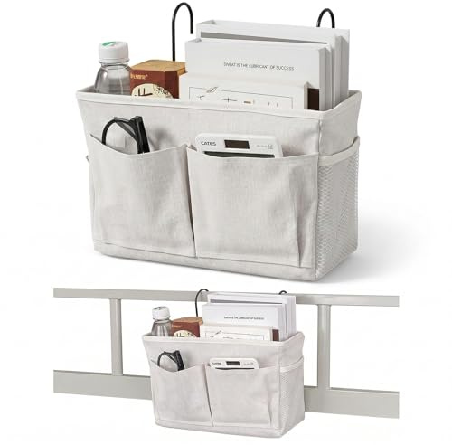BAHME 1 Pcs bettorganizer zum hängen, Bett Organizer zum Einhängen, 5-Fach Betttasche 30x18cm, Baumwoll-Leinen Hänge-Organizer für Babybett, Campingstuhl & Reise, Nachhaltiger Hängespeicher