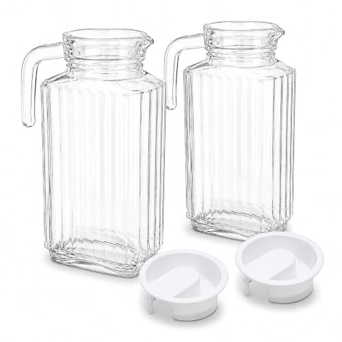 Pack de 2 Jarras de Cristal con Tapa y Asa, Diseño Cuadrado con Relieve, para Agua, Zumo e Infusiones Frías, Botella para Nevera (1,5 Litros)