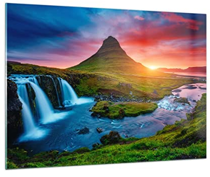 Vidrios decorativos 100x70cm Cuadro Sobre Vidrio Moderno Puesta de sol cascada islandia volcán Grande Cuadros Pared Impresiones Decoracion Salon Impresión en Cristal Wall Art Prints GAA100x70-2963