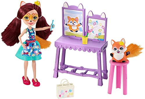 Enchantimals GBX03 Themenpack Kunststudio mit Fuchsmädchen Felicity Fox Puppe und Tierfreund Flick, Mehrfarbig