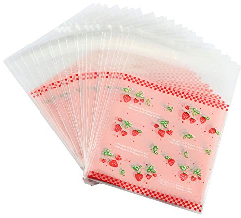 Tegg Cookies Bags 200PCS Self Adhesive Lovely Strawberry Plastic Cookies Pastries Candy Lolly Gift Bag For Birthday Party Wedding Party Halloween Christmas Day 3.9x3.9Inch