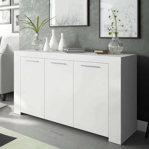 Dmora - Credenza Bellevue, Buffet da soggiorno, Mobile porta TV, Madia per salotto, Armadio moderno a 3 ante, 144x42h80 cm, Bianco