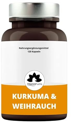 Kurkuma Weihrauch Kapseln - 120 vegane Kapseln hochdosiert - 300mg Gelbwurzel hochdosiert mit Weihrauchpulver (Boswellia serrata) von VitaminFuchs