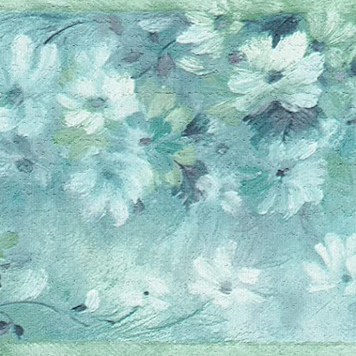 Dundee Deco DDAZBD9550 dra bort och klistra på tapetgränsen – abstrakta gröna vita blommor väggkant retro design, 4,57 x 17,78 cm, självhäftande