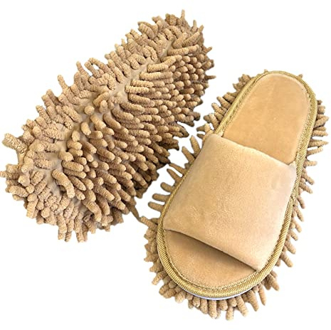 Volicph Rengöringstofflor med rengörande avtagbara tofflor mikrofibersula golvrengöring tofflor dammtrasa tofflor moppskor rengöringsskor, Beige sammet, 39/42 EU